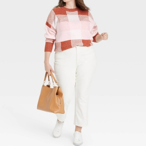 A New Day Plus Size Plaid Crewneck Pullover Sweater - Rust Brown/Pink/Cream - Picture 3 of 13